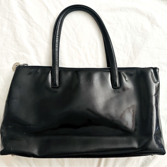Versace Handbags - VERSACE VINTAGE LA MEDUSA HOBO PATENT HANDBAG, BLACK.